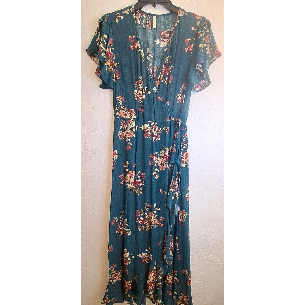 Xhilaration Teal Floral Faux Wrap Maxi Dress Ruffle Flutter Slv S Cottage‎ Boho